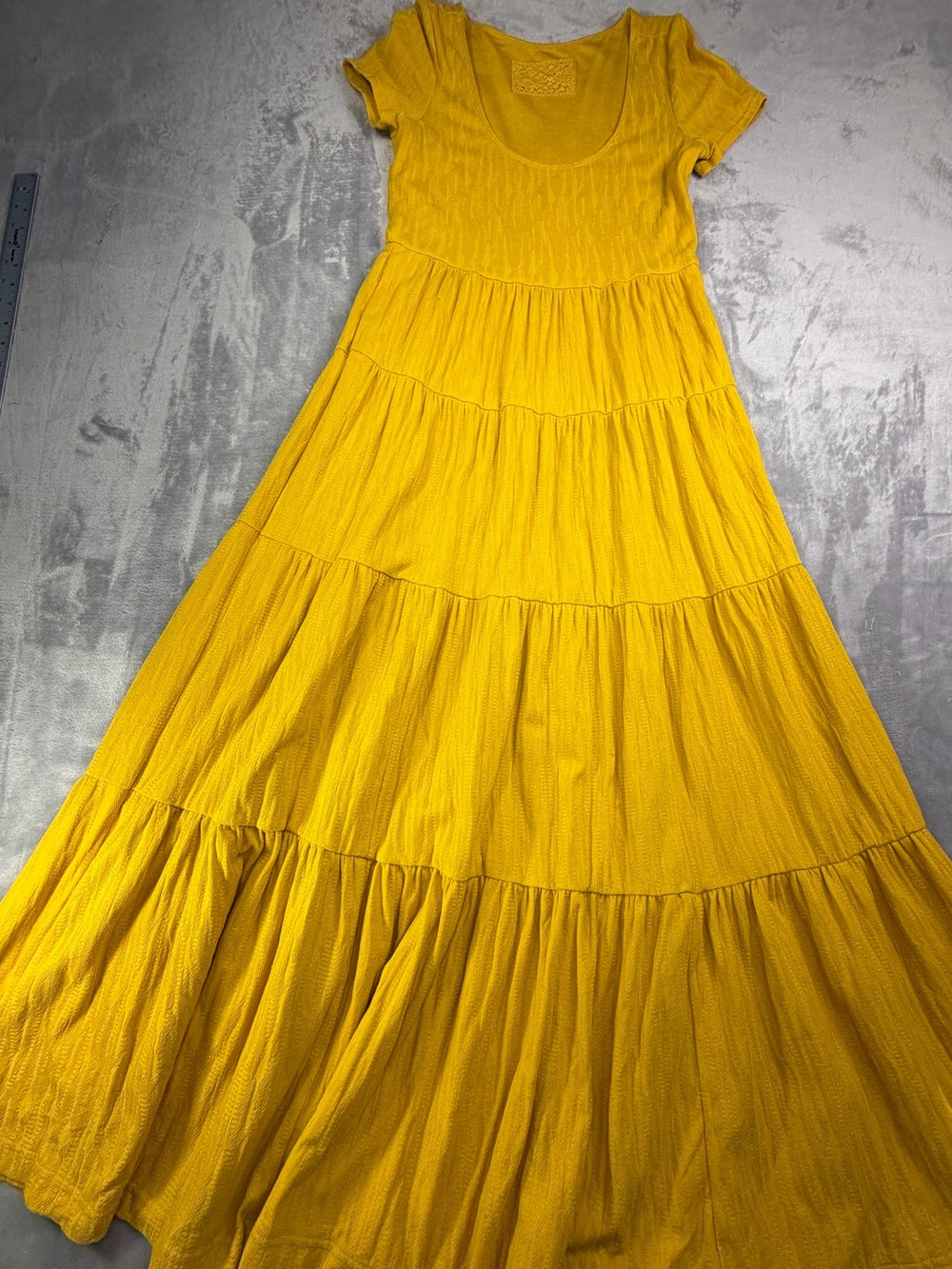 Women's Yellow Tiered Short-Sleeve Maxi Dress Guest Fall Party S